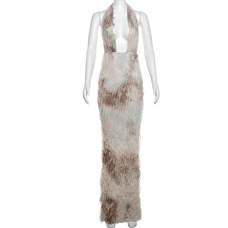 Ethereal Ruffle Halter Plunge Maxi Dress | Backless Resort & Destination Getaway Gown