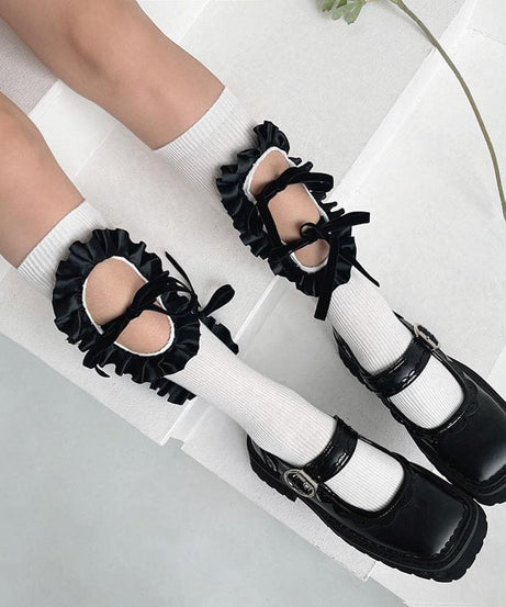Vintage Chic Ruffled Bow Cut-Out Knee High Socks - Fall & Goth Academia Ready