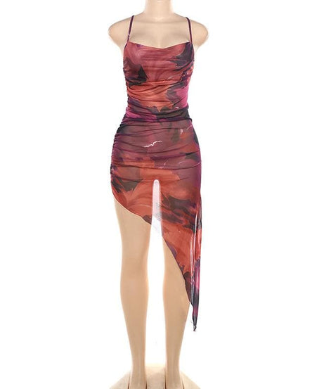 Autumn Glow Ruched Mesh Midi Dress - Asymmetrical Hem & Abstract Fall Print