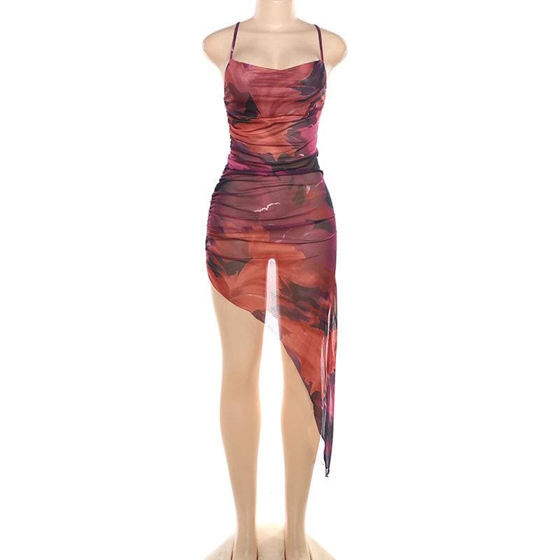 Autumn Glow Ruched Mesh Midi Dress - Asymmetrical Hem & Abstract Fall Print