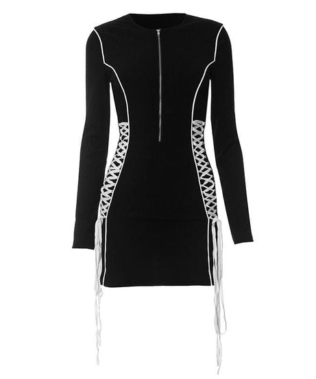 Edgy Chic Long Sleeve Lace-Up Mini Dress - Black Bodycon Zip-Up for Fall Nights & Holiday Parties