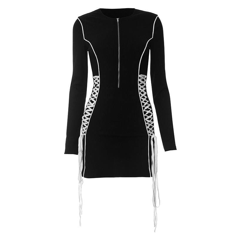 Edgy Chic Long Sleeve Lace-Up Mini Dress - Black Bodycon Zip-Up for Fall Nights & Holiday Parties