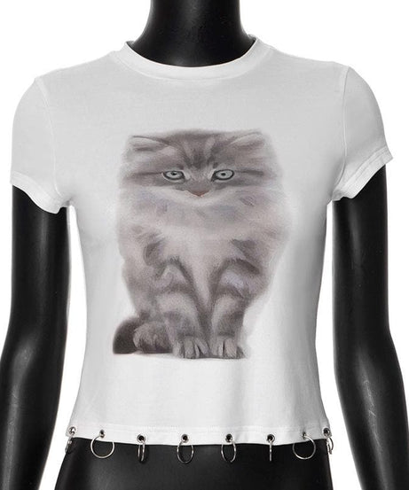 Sassy Feline O-Ring Baby Tee - Fall Trendy Short Sleeve Top