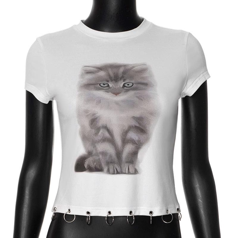 Sassy Feline O-Ring Baby Tee - Fall Trendy Short Sleeve Top