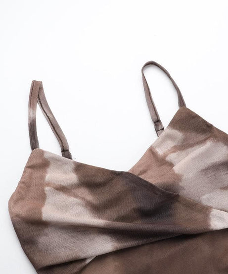 Fall Chic "Latte Haze" Ruched Mesh Tie-Dye Midi Dress for Women