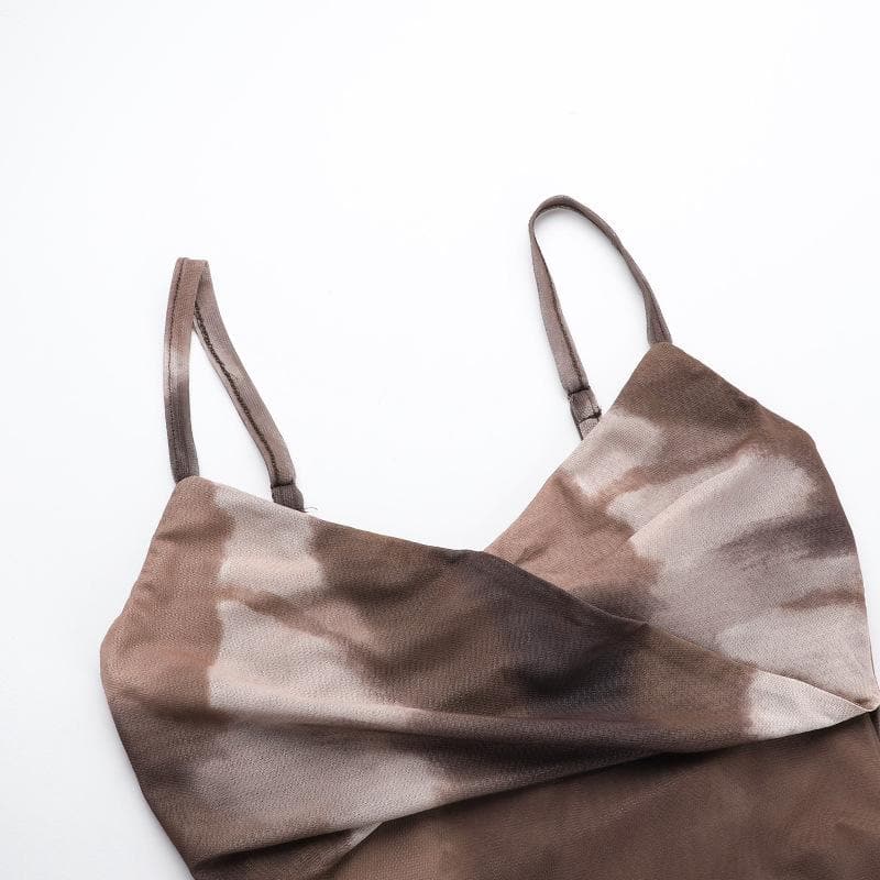 Fall Chic "Latte Haze" Ruched Mesh Tie-Dye Midi Dress for Women