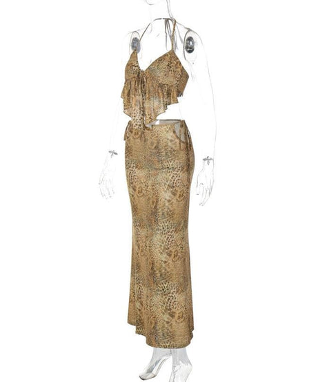 Fierce Y2K Leopard Print Halter Crop Top & Maxi Skirt Set - Fall Getaway & Night Out Chic