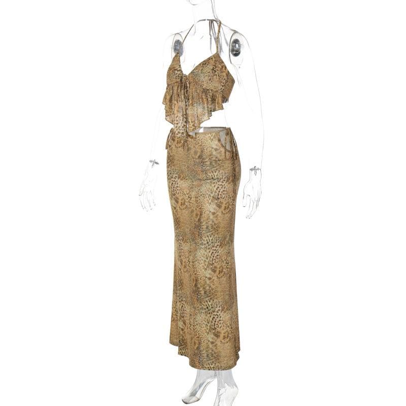 Fierce Y2K Leopard Print Halter Crop Top & Maxi Skirt Set - Fall Getaway & Night Out Chic