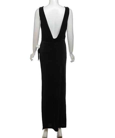 The Opulent Velvet Maxi: Black Cowl Neck Gown with Slit & Backless Design | Fall & Holiday Party Ready