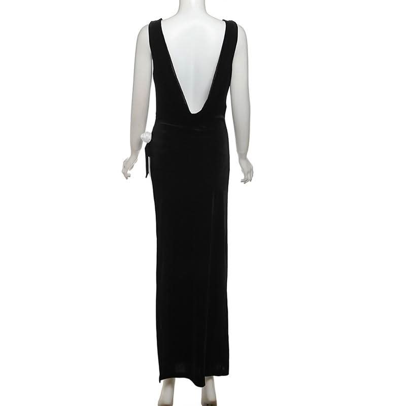 The Opulent Velvet Maxi: Black Cowl Neck Gown with Slit & Backless Design | Fall & Holiday Party Ready