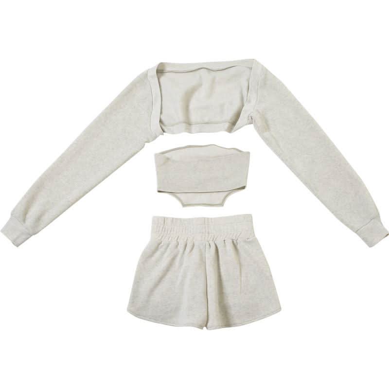 Chic Fall Comfort: Cozy Knit Shrug, Bandeau Top & Shorts Loungewear Set for Women
