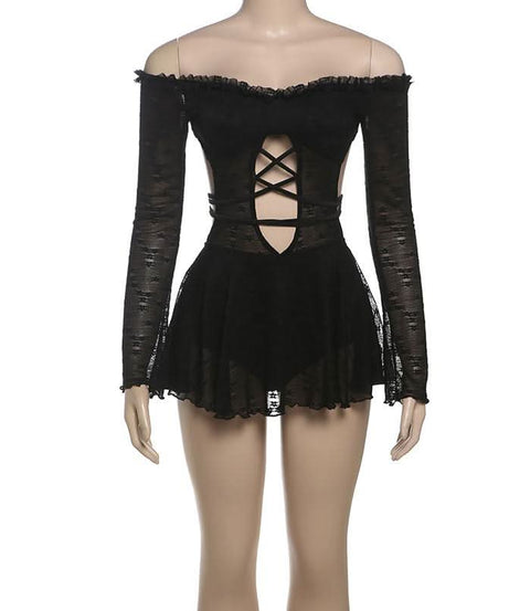 Sultry Black Lace Off-Shoulder Mini Dress | Corset-Tie Cut-Out | Fall Party & Halloween Ready