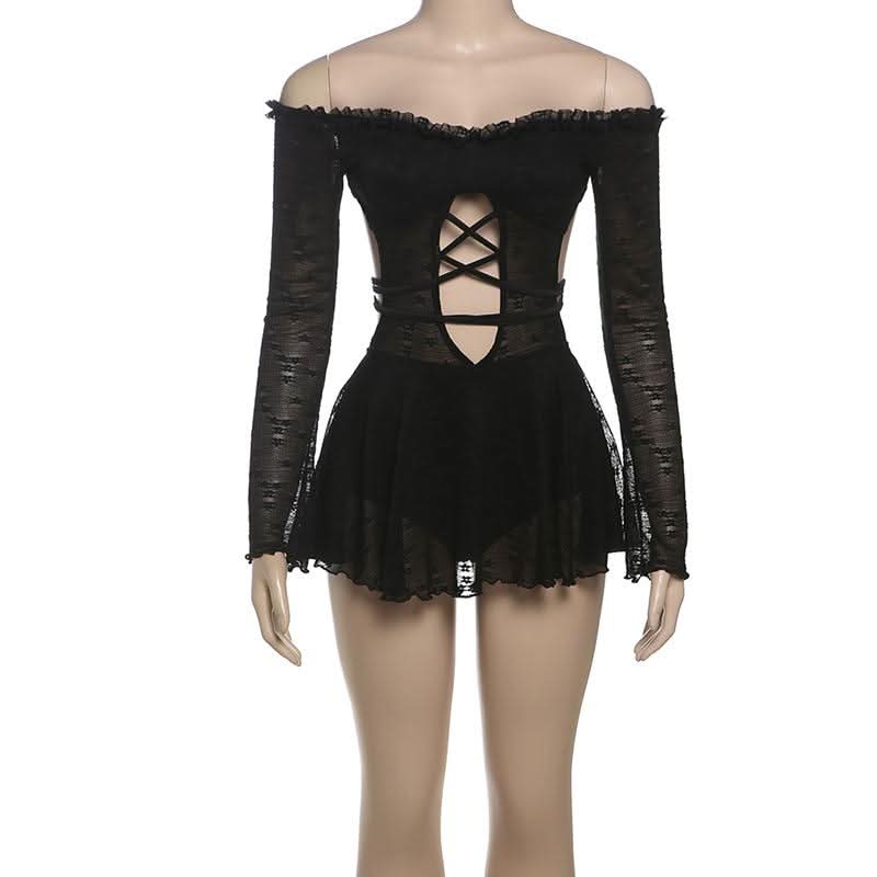 Sultry Black Lace Off-Shoulder Mini Dress | Corset-Tie Cut-Out | Fall Party & Halloween Ready