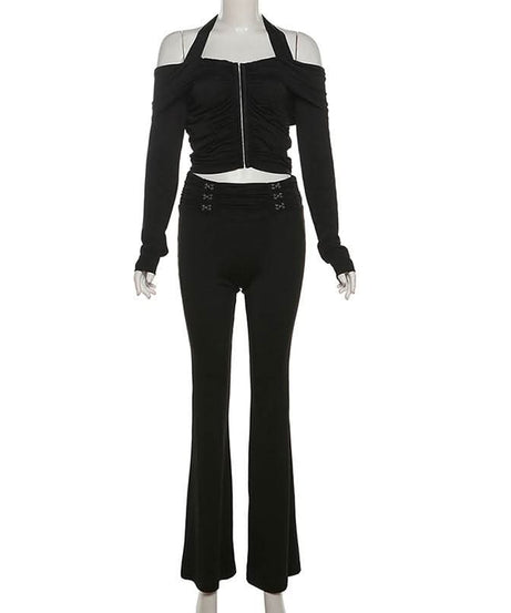 Gothic Glam Halter Off-Shoulder Flared Pant Set - Fall & Holiday Party Ready