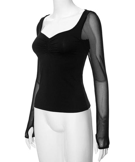 Sleek Ruched Sweetheart Mesh Long Sleeve Top with Thumbholes – Your Fall 2025 Style Essential