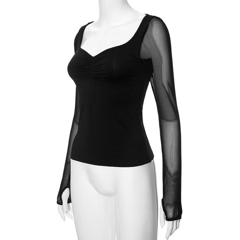 Sleek Ruched Sweetheart Mesh Long Sleeve Top with Thumbholes – Your Fall 2025 Style Essential