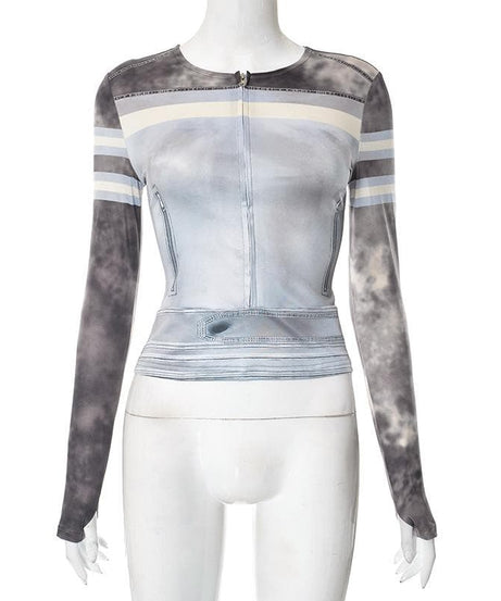 Fall Edgy Cloud Print Matching Set - Women's Zip-Up Top & Leggings with Money Patches