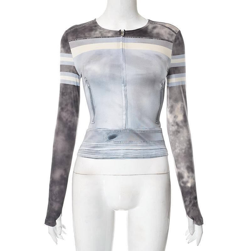 Fall Edgy Cloud Print Matching Set - Women's Zip-Up Top & Leggings with Money Patches