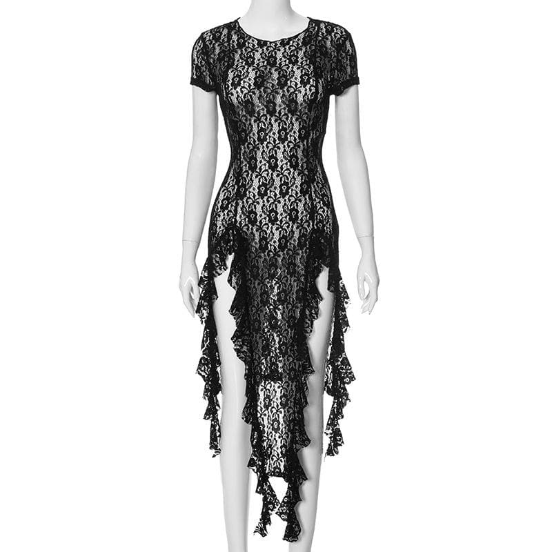 Obsidian Allure: Black Lace Ruffle High-Slit Mini Dress - Fall & Holiday Party Ready