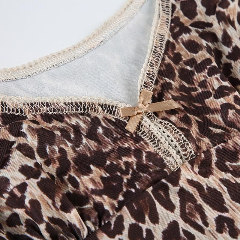 Spotted & Styled: Y2K Leopard Print Puff Sleeve Bowknot Top - Fall's Must-Have