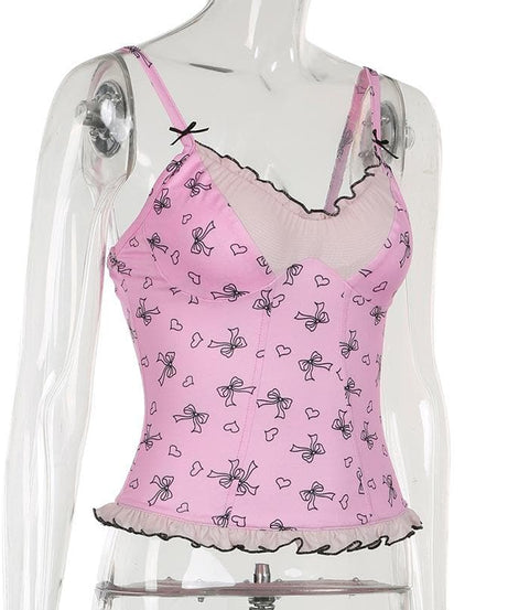 Darling Coquette Pink Bow & Heart Ruffle Bustier Cami Top - Fall Fashion Essential