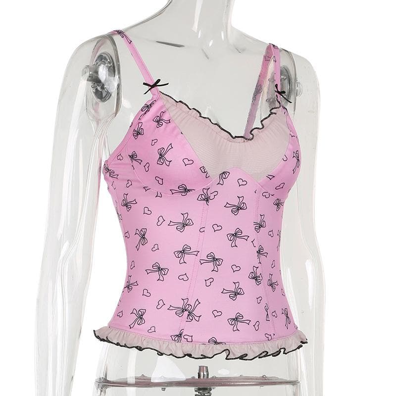 Darling Coquette Pink Bow & Heart Ruffle Bustier Cami Top - Fall Fashion Essential