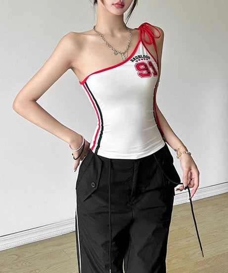 Edgy "BADBLOOD 91" One-Shoulder Graphic Top - Y2K Streetwear Chic for Fall