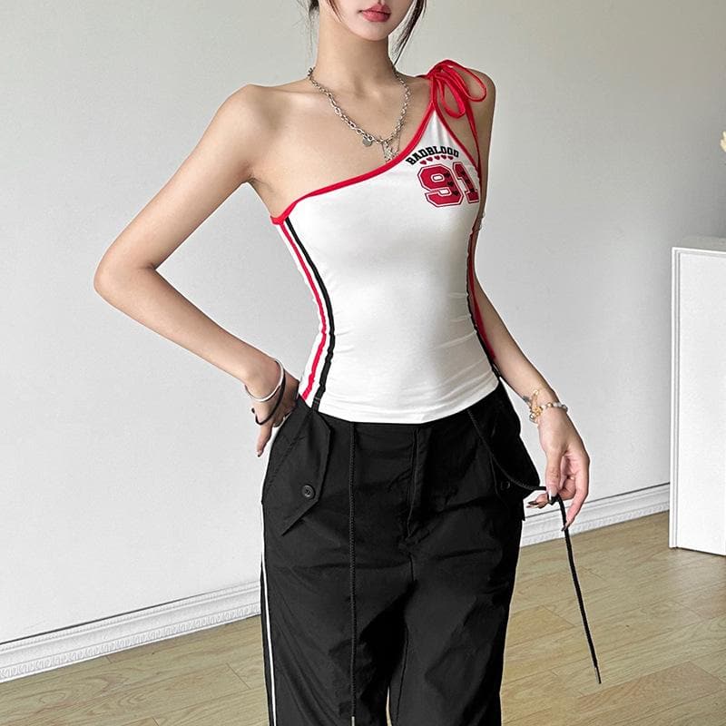 Edgy "BADBLOOD 91" One-Shoulder Graphic Top - Y2K Streetwear Chic for Fall