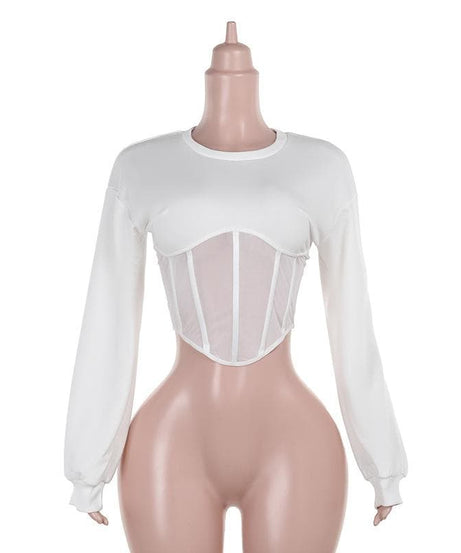Chic White Mesh Corset Long Sleeve Crop Top | Fall 2025 Trendy Essential