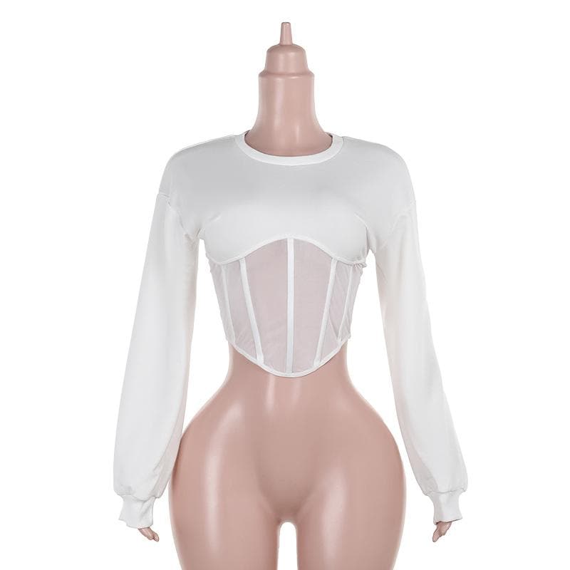 Chic White Mesh Corset Long Sleeve Crop Top | Fall 2025 Trendy Essential