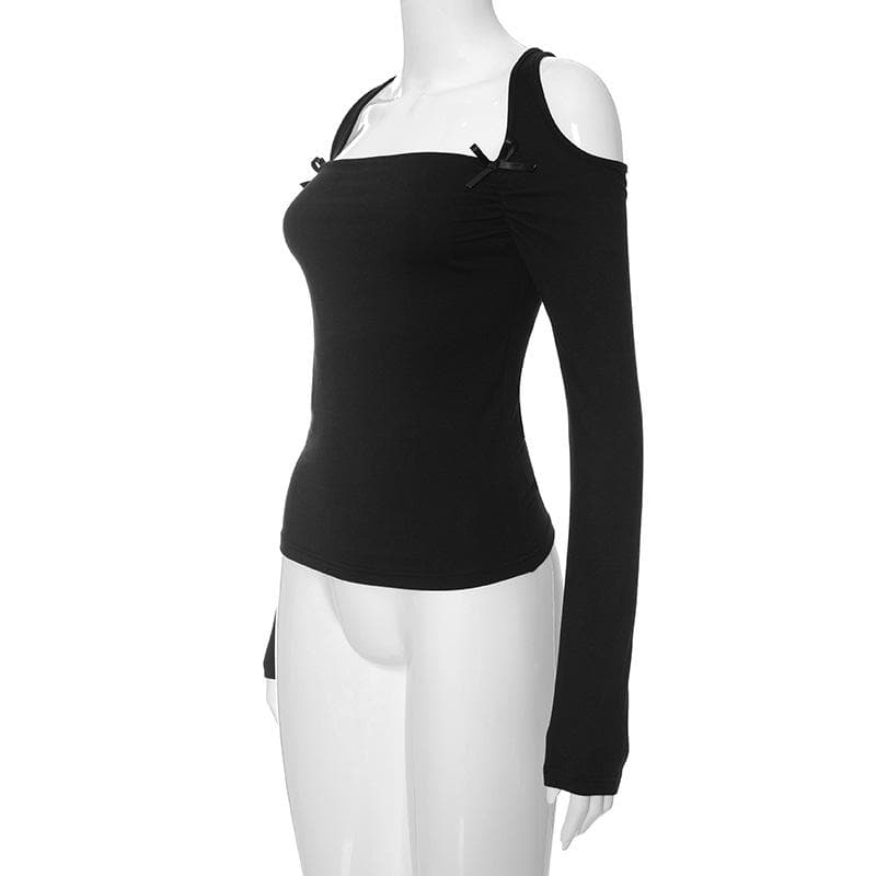 Modern Romance: Black Square Neck Cold Shoulder Long Sleeve Top with Bows – Your Chic Fall Staple