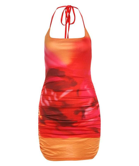 Vibrant Sunset Ombre Halter Mini Dress - Chic Ruched Bodycon for Fall Parties & Getaways