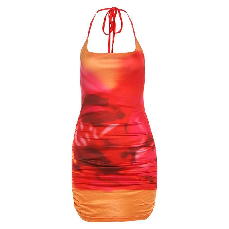 Vibrant Sunset Ombre Halter Mini Dress - Chic Ruched Bodycon for Fall Parties & Getaways