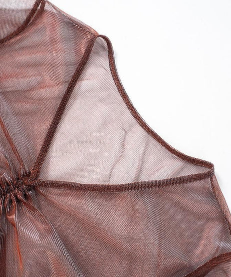 Fall Glam: Shimmer Mesh Ruched V-Neck Top - Long Sleeve Drawstring Party Ready
