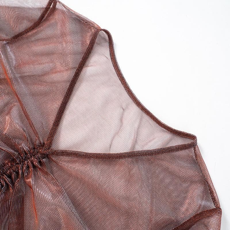 Fall Glam: Shimmer Mesh Ruched V-Neck Top - Long Sleeve Drawstring Party Ready