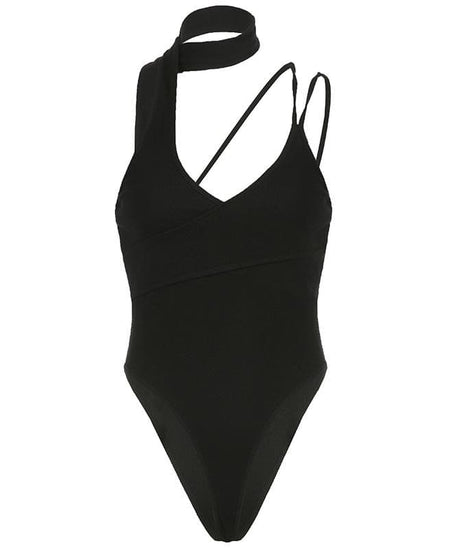 Chic Black Ribbed Halter Bodysuit with Asymmetrical Straps – Your Essential Fall Style