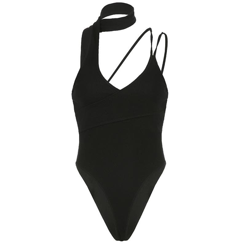 Chic Black Ribbed Halter Bodysuit with Asymmetrical Straps – Your Essential Fall Style