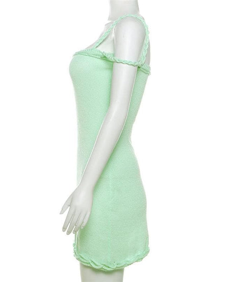 Chic Sage Green Knitted Mini Dress - Tie Strap Ruffle Bodycon for Fall Parties & Getaways