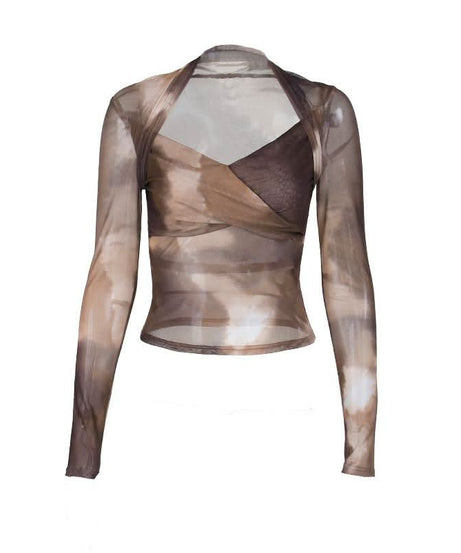 Autumn Edge Tie-Dye Mesh Wrap Top - Chic Long Sleeve Sheer Style