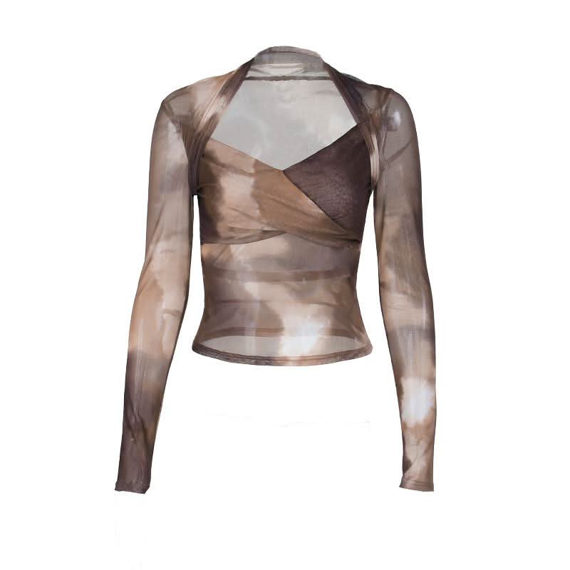 Autumn Edge Tie-Dye Mesh Wrap Top - Chic Long Sleeve Sheer Style