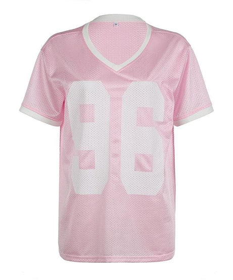 Women's Pink '96' Mesh Jersey V-Neck Top - Fall Game Day & Sporty Athleisure