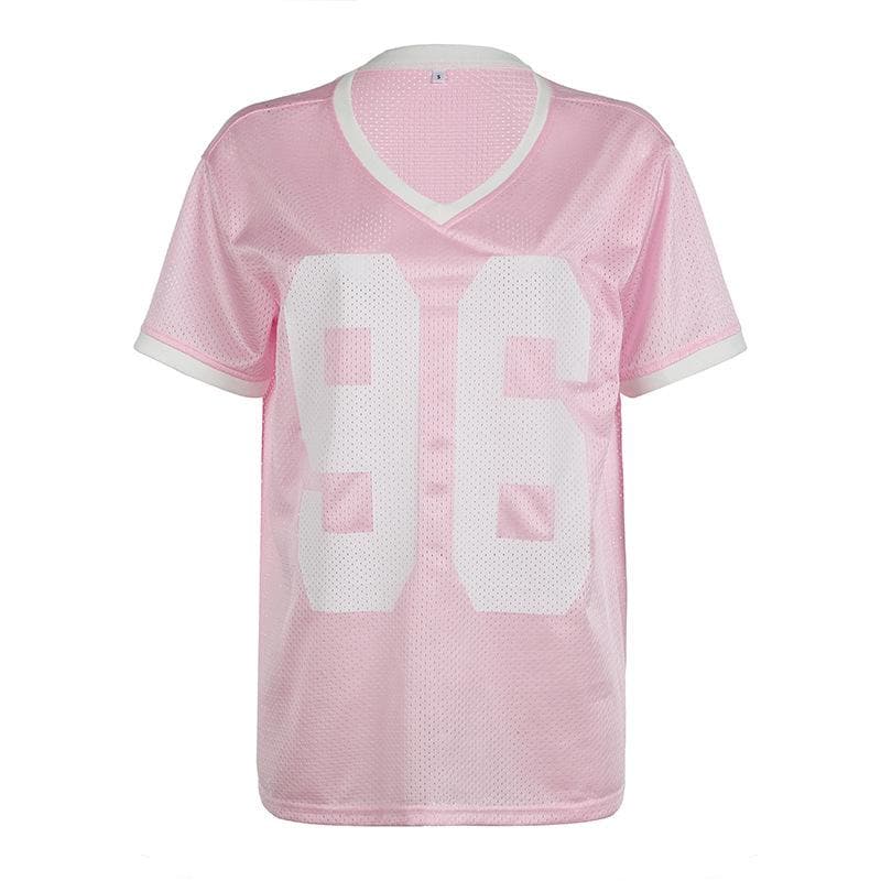 Women's Pink '96' Mesh Jersey V-Neck Top - Fall Game Day & Sporty Athleisure