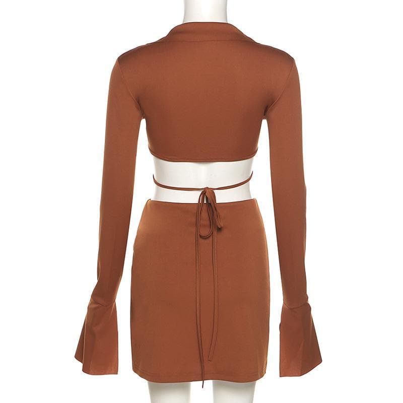 Autumn Radiance: Chic Flared Sleeve Crop Top & Slit Mini Skirt Set