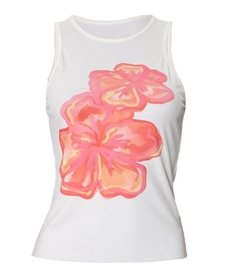 Vibrant Hibiscus Ribbed Tank Top - Effortless Fall Style & Warm-Weather Getaways