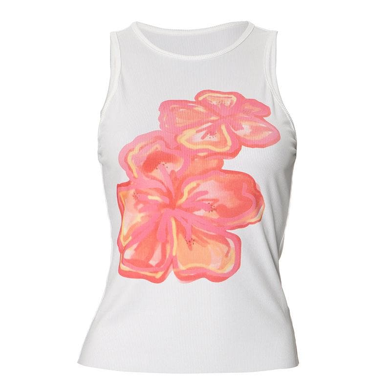 Vibrant Hibiscus Ribbed Tank Top - Effortless Fall Style & Warm-Weather Getaways
