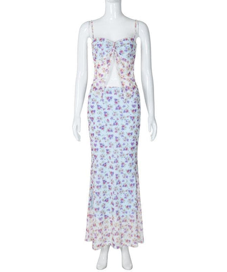 Ethereal Floral Maxi Skirt & Sweetheart Cami Set | Chic Two-Piece for Fall Getaways