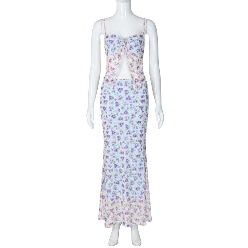 Ethereal Floral Maxi Skirt & Sweetheart Cami Set | Chic Two-Piece for Fall Getaways