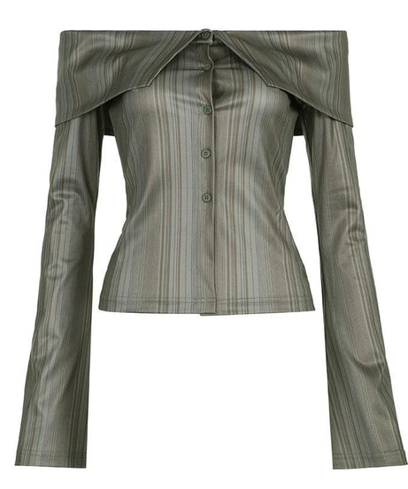 Elevated Fall Chic: Striped Off-Shoulder Button-Front Bell Sleeve Top