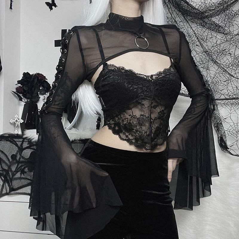Mesmerizing Black Mesh O-Ring Shrug | Edgy Lace-Up Bell Sleeve Bolero for Fall & Halloween