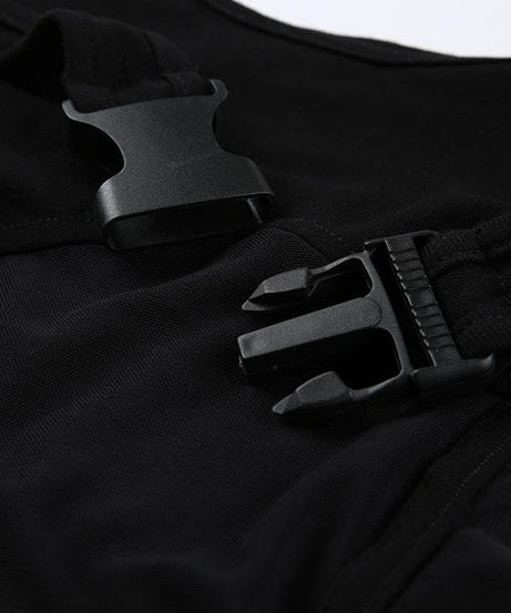 Edgy Y2K Buckle Mesh Bodysuit & Off-Shoulder Shrug Set - Perfect for Fall Nights Out